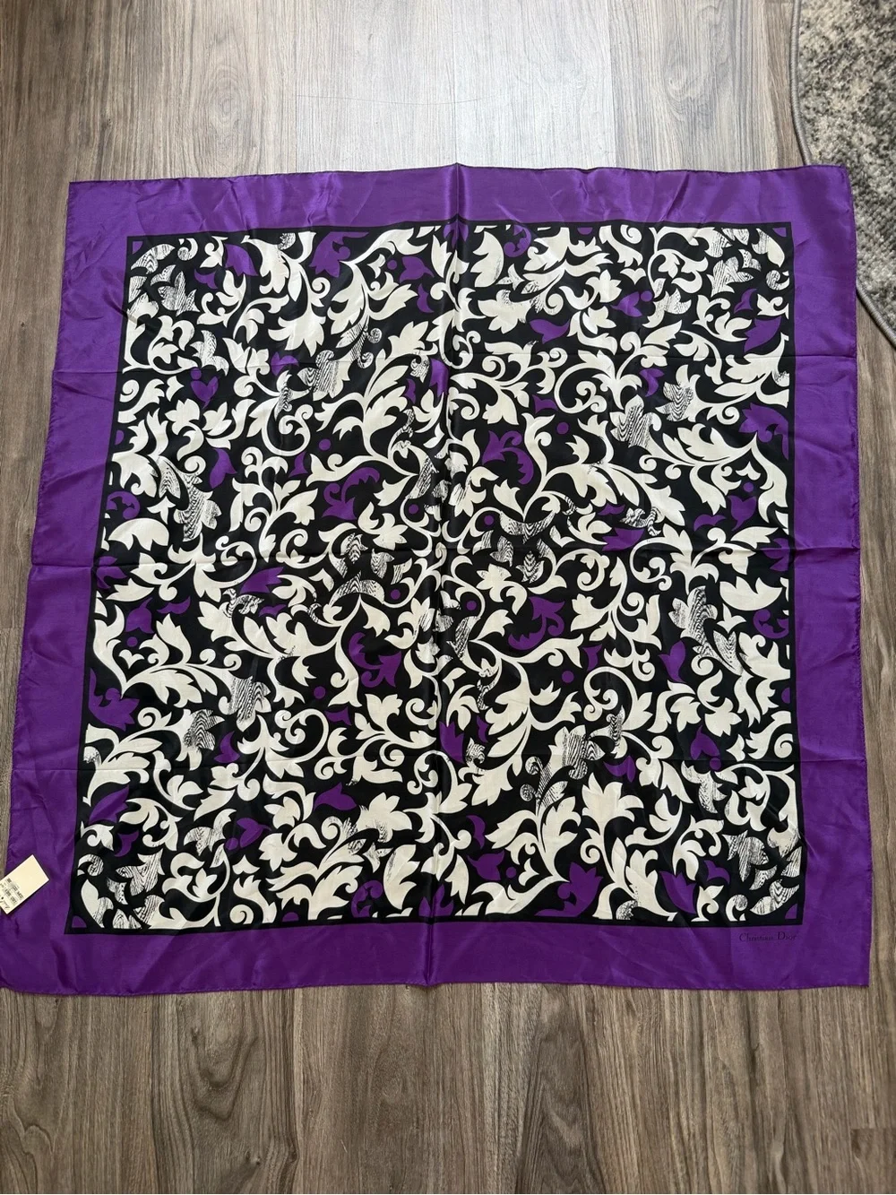 Vintage Christian Dior Silk Scarf Purple Black White Abstract Floral Vine Print